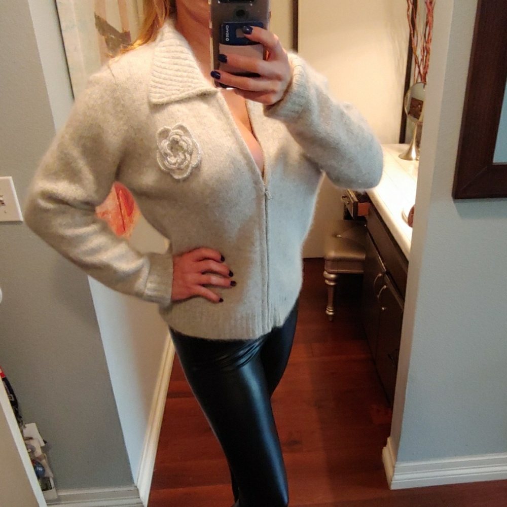Grey wool and angora zip up sweater